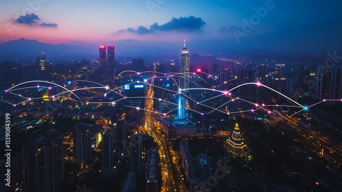 Wallpaper Mural Smart digital city with connection cyber security network reciprocity over the cityscape . future smart wireless digital city and social media networking systems that connects people within the city Torontodigital.ca