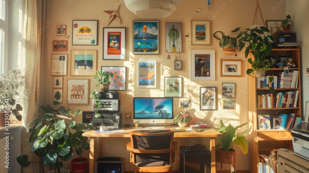 Sunlit Home Office with a Wall of Artwork and Plants Sunlit Home Office with a Wall of Artwork and Plants