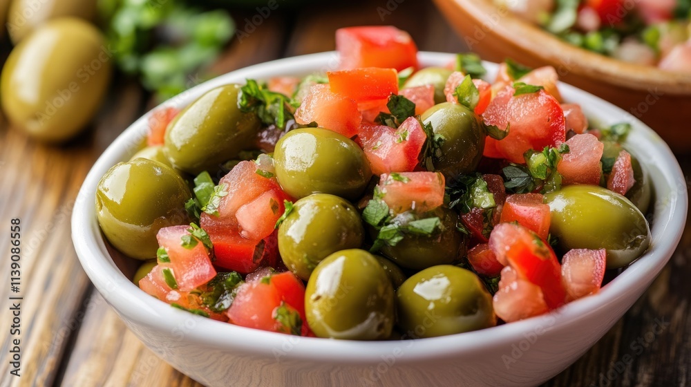 Green olives and tomato salad in a bowl. Green olives and tomato salad in a bowl.
