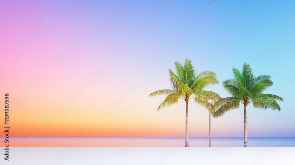 Tranquil beach scene with palm trees and a colorful sunset sky. Tranquil beach scene with palm trees and a colorful sunset sky.