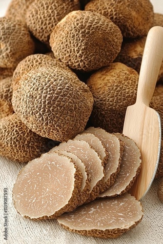 Black truffle, slices and wooden truffle slicer on white, clipping path , isolated on white background,  , copy space, copy space for text,