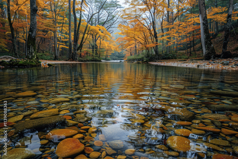 Obraz premium picturesque autumn landscape. In front of us is a river with clear water, at the bottom of which round stones are visible 