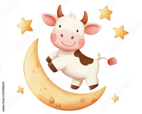 Joyful cartoon cow jumping over the moon night sky playful environment whimsical viewpoint