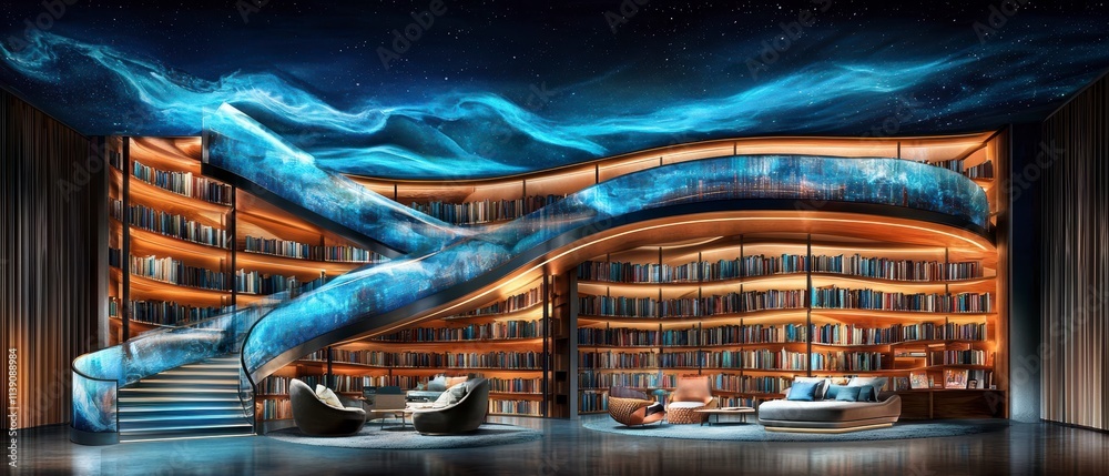 Obraz premium Modern Library with Illuminated Spiral Staircase and Aurora Borealis Ceiling