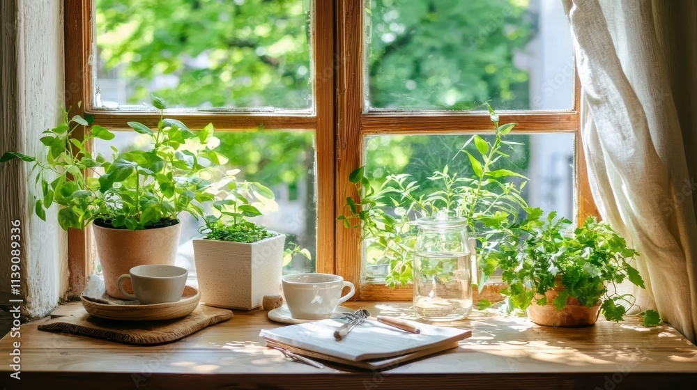 Sunny Window Sill with Herbs, Coffee, and Notebook Sunny Window Sill with Herbs, Coffee, and Notebook