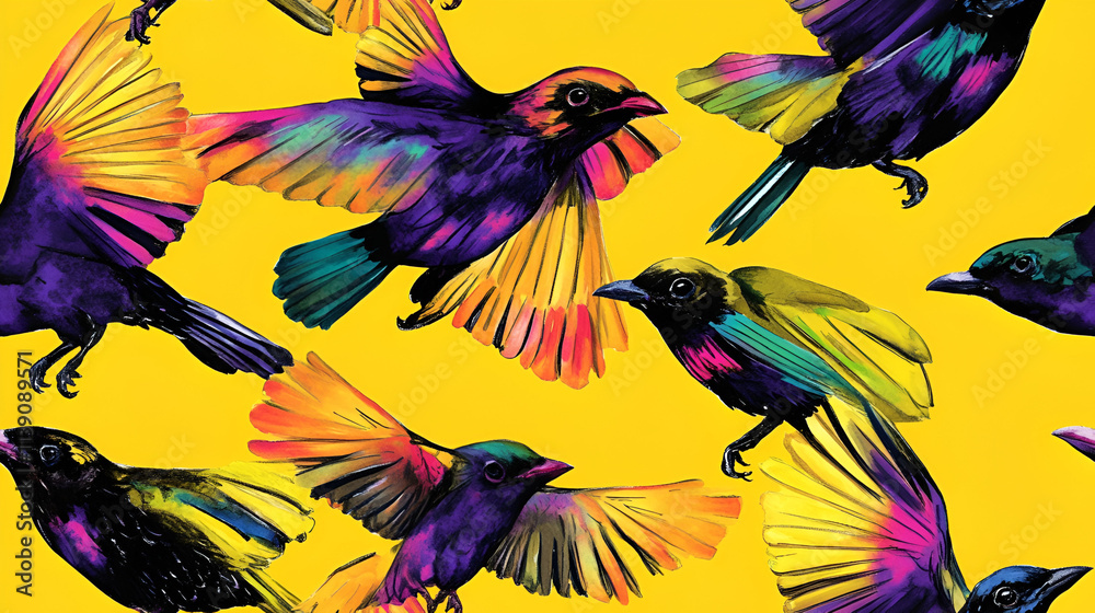 Fototapeta premium Vibrant Rainbow Birds Soar On Yellow Background
