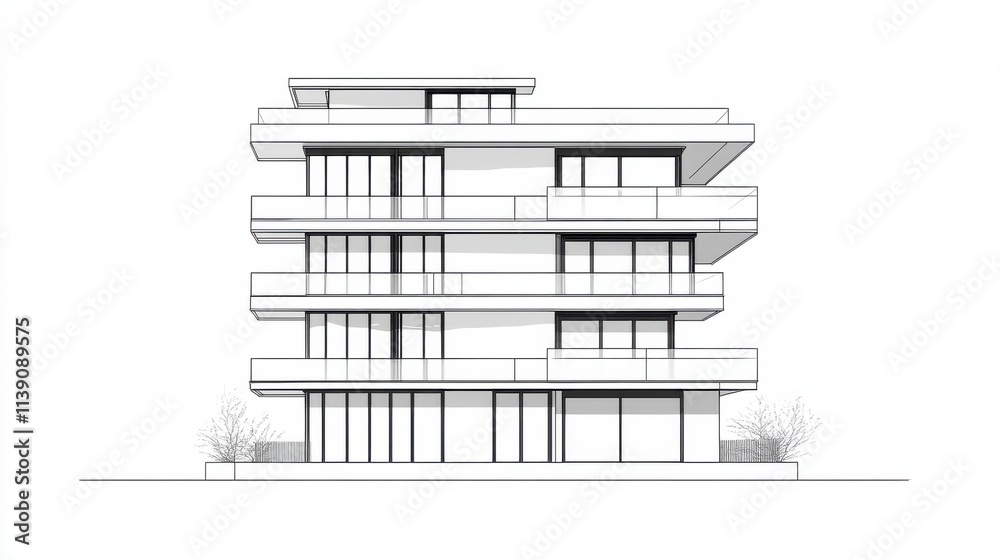 Modern Architectural Design of a Multi-Story Building Featuring Clean Lines, Spacious Balconies, and Large Windows Emphasizing Minimalist Aesthetics and Contemporary Style Modern Architectural Design of a Multi-Story Building Featuring Clean Lines, Spacious Balconies, and Large Windows Emphasizing Minimalist Aesthetics and Contemporary Style