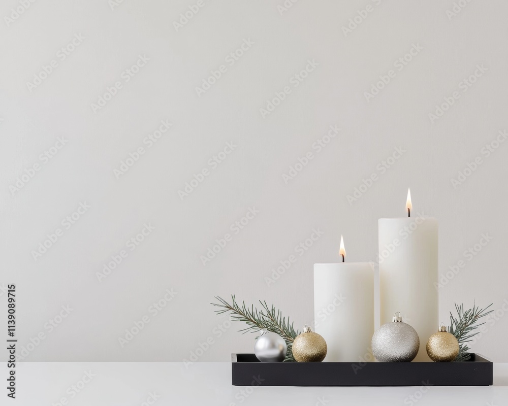 Minimalist Holiday Decor with Elegant White Candles and Festive Accents Minimalist Holiday Decor with Elegant White Candles and Festive Accents
