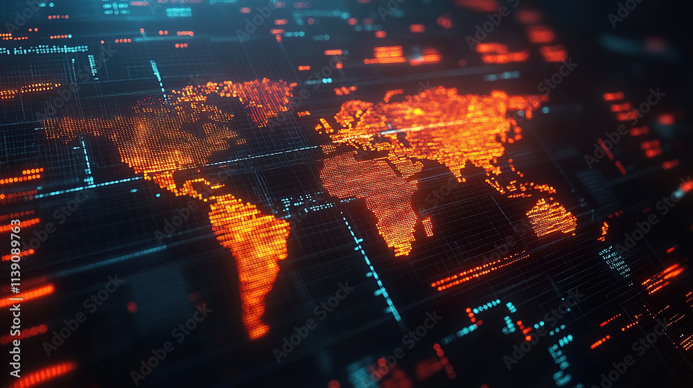 Obraz premium Colorful digital world map illustration showing global connectivity and technology trends