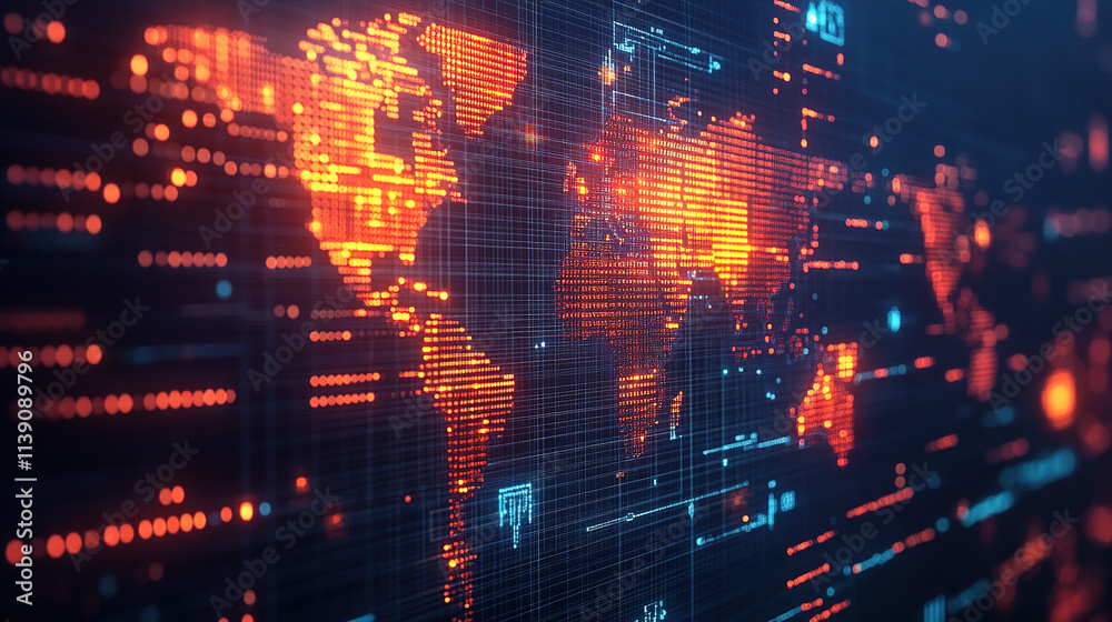Obraz premium Digital world map visualization with glowing connections and data streams in a high-tech environment