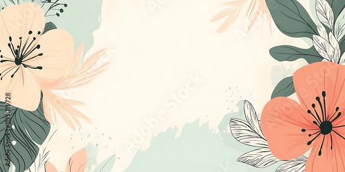 Pastel floral banner with peach and coral flowers, green leaves, and a blank space in the center.
