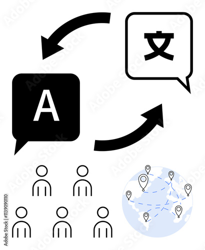 Speech bubbles with English and Chinese characters, arrows indicating translation, group of people, and globe with location points. Ideal for language learning, translation services, global