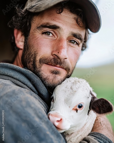 A serene portrait of a dairy farmer holding a newborn calf, their expression a mix of pride and care photo