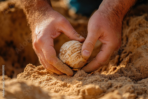 Harvesting geoduck shells on the beach coastal shoreline photorealistic scene sandy environment close-up perspective photo