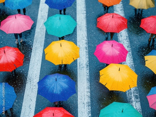 Vibrant umbrellas in a bustling city street urban rainy scene gigapixel-standard photography aerial view colorful atmosphere