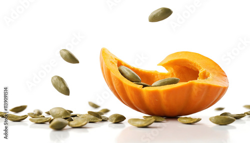 Close-Up of Pumpkin Slice with Floating Seeds on White Background Highlighting Healthy Food, Autumn Harvest, and Nutritional Ingredients Concept photo