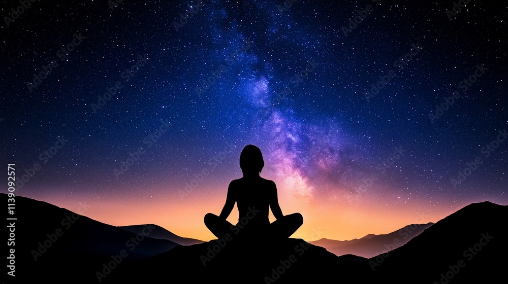 Silhouette of person meditating under the Milky Way galaxy at night. Silhouette of person meditating under the Milky Way galaxy at night.