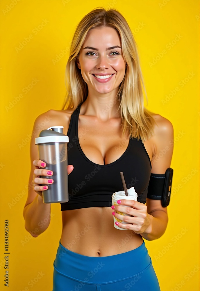 Happy Female Athlete with a Water Bottle: Healthy Lifestyle and Fitness Concept on a Bright Yellow Background Happy Female Athlete with a Water Bottle: Healthy Lifestyle and Fitness Concept on a Bright Yellow Background
