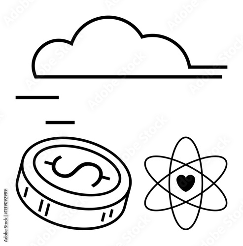 Cloud, coin with dollar symbol, atom with heart are main elements. Ideal for technology, finance, healthcare, innovation, digital transformation science cloud computing. Line metaphor
