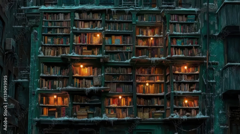 Charming library bookshelves under winter light Charming library bookshelves under winter light