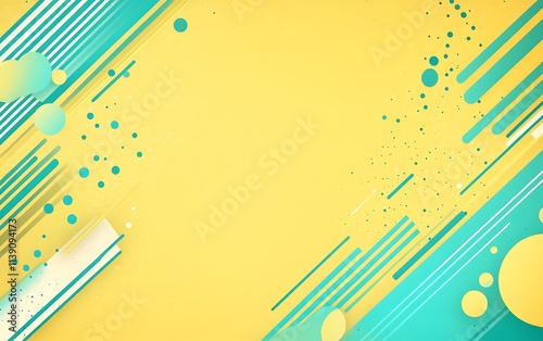 Abstract yellow and teal background with diagonal lines, circles, and dots.