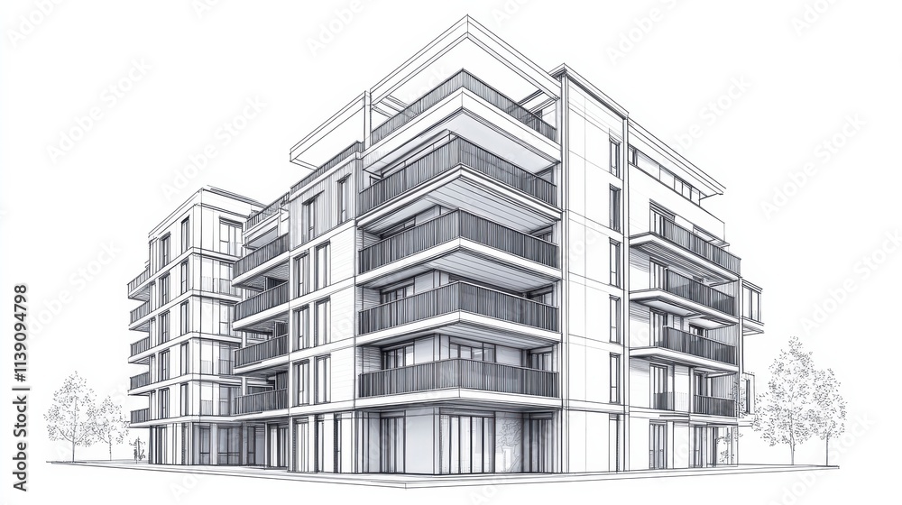 Modern Architectural Sketch of a Stylish Residential Building with Balconies and Large Windows Set in a Clean Urban Environment Modern Architectural Sketch of a Stylish Residential Building with Balconies and Large Windows Set in a Clean Urban Environment