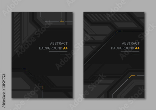 Abstract tech monochrome vertical set of backgrounds for A4. Black and gray geometric futuristic brochure cover.