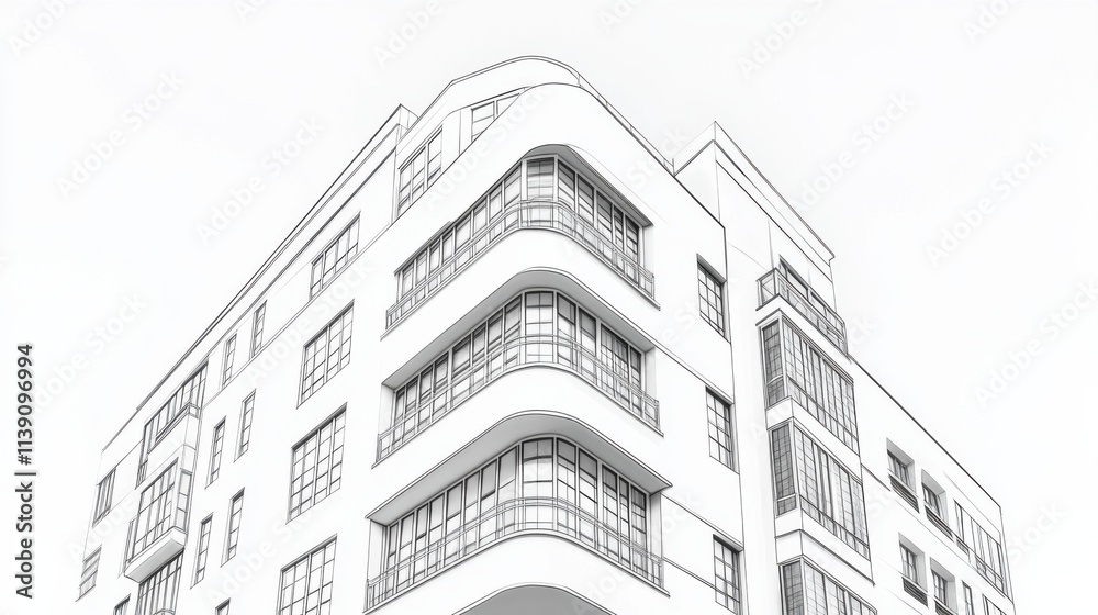 Modern Architectural Design of a Stylized Building with Curved Facade and Large Windows in Black and White Line Art Drawing Style Modern Architectural Design of a Stylized Building with Curved Facade and Large Windows in Black and White Line Art Drawing Style