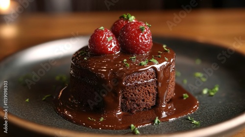 A rich chocolate dessert topped with raspberries and garnished with herbs on a dark plate.