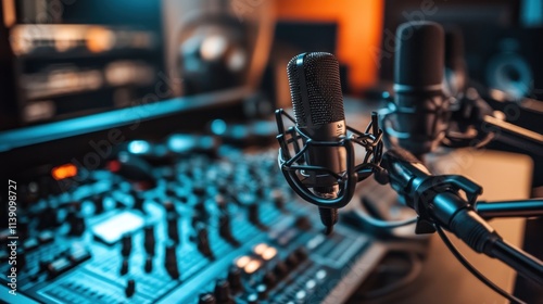 A recording studio scene featuring various microphones set up for a session