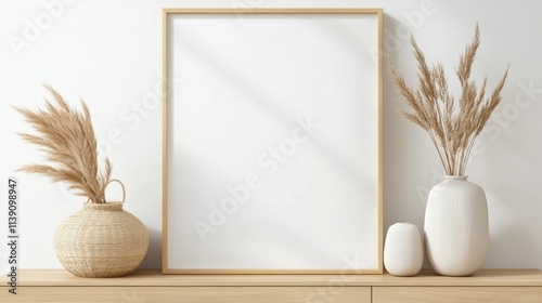 Minimalist Mockup: A blank canvas framed in natural wood, resting on a light wood shelf, flanked by vases of dried pampas grass and a woven basket.