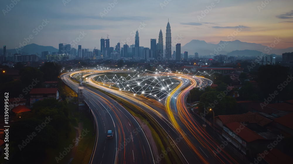 Obraz premium Smart digital Innovation city with connection network reciprocity over the cityscape. of future smart wireless city and social media networking systems that connects business people with in city