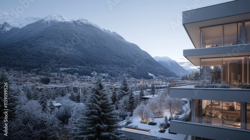 Winter landscape view from a modern mountain apartment