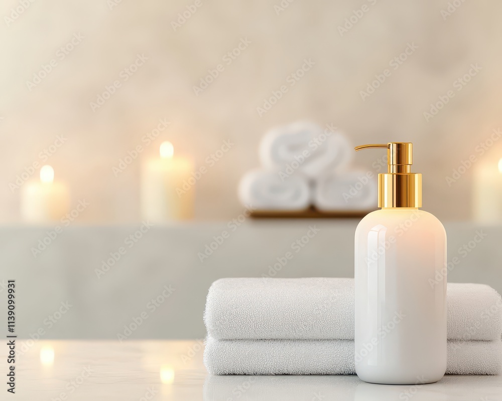 Elegant Soap Dispenser with Soft Towels and Warm Candlelight Background Elegant Soap Dispenser with Soft Towels and Warm Candlelight Background