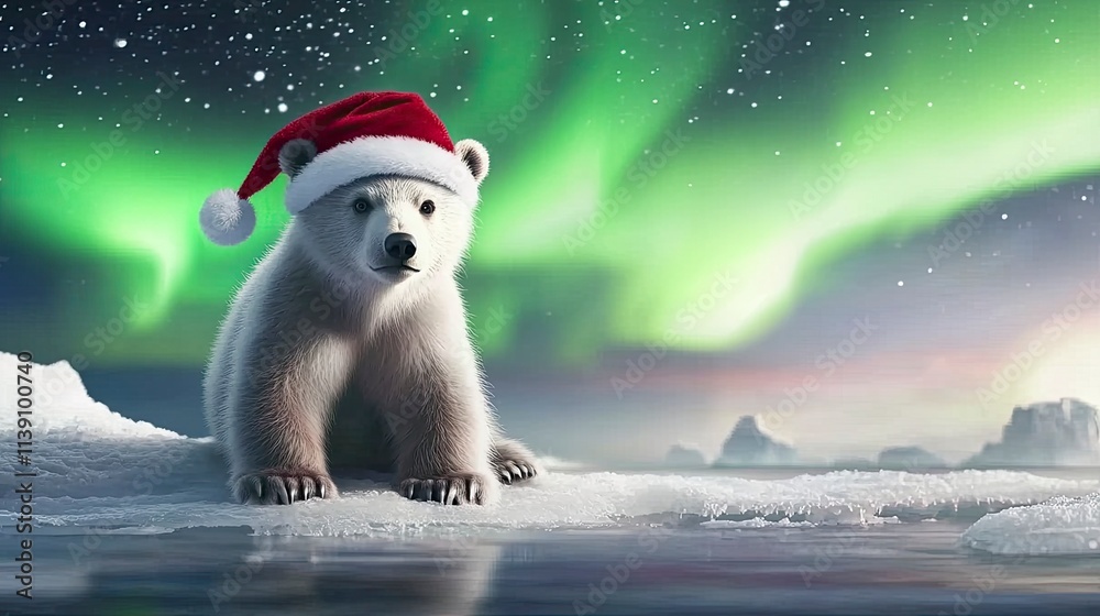 Fototapeta premium Polar bear with Christmas hat under northern lights