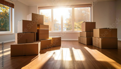 A mountain of cardboard boxes in a beautiful room. A room with light shining through the window and cardboard boxes. photo