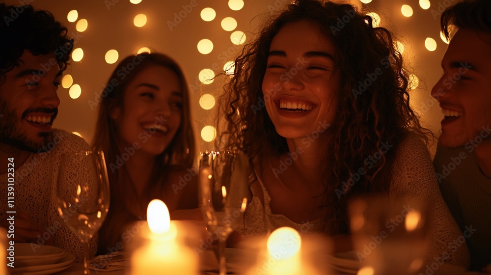 Happy friends laughing at a candlelit dinner party. Happy friends laughing at a candlelit dinner party.