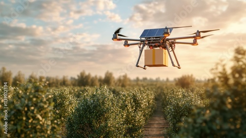 A solar-powered drone delivering packages in a rural area, flying over fields and forests. The drone is equipped 