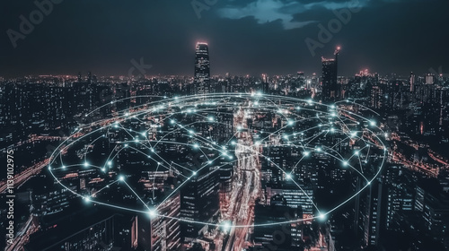 Smart digital Innovation city with connection network reciprocity over the cityscape. of future smart wireless city and social media networking systems that connects business people with in city