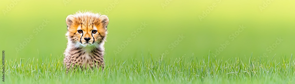 Obraz premium A close-up shot of a cheetah cub peering through tall grass, isolated on a soft green background with precise lighting capturing its spotted fur and curious eyes