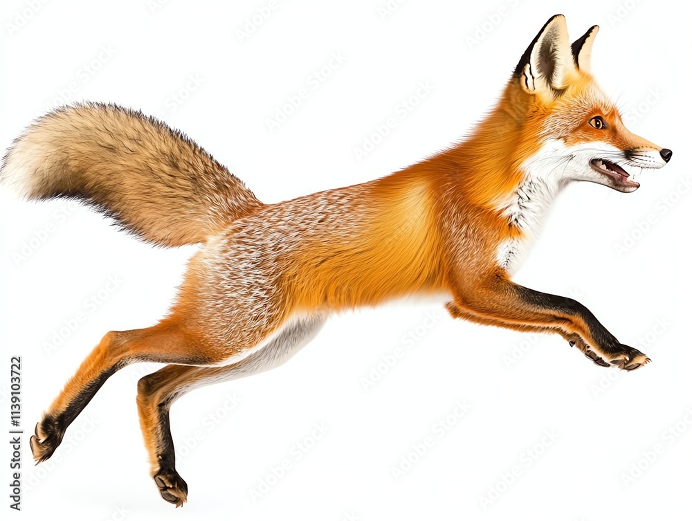 A professional studio shot of a fox leaping through a snowy forest, isolated on a white background with dynamic lighting emphasizing its fiery fur and agile movement A professional studio shot of a fox leaping through a snowy forest, isolated on a white background with dynamic lighting emphasizing its fiery fur and agile movement