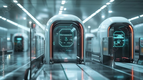A futuristic airport with AI-driven baggage sorting systems and smart security gates that use facial recognition to expedite boarding processes 