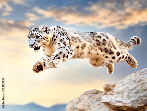 A professional studio shot of a snow leopard leaping across rocks, isolated on a rugged mountain background with dynamic lighting emphasizing its sharp spots and muscular agility photo