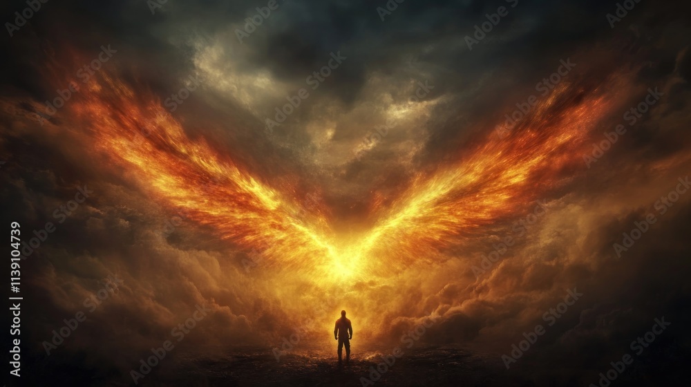 A silhouette stands before fiery wings emerging from dark clouds, symbolizing transformation. A silhouette stands before fiery wings emerging from dark clouds, symbolizing transformation.