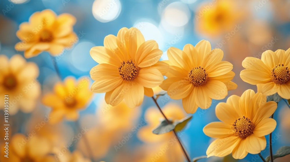 A close-up of vibrant yellow flowers against a soft blue background. A close-up of vibrant yellow flowers against a soft blue background.