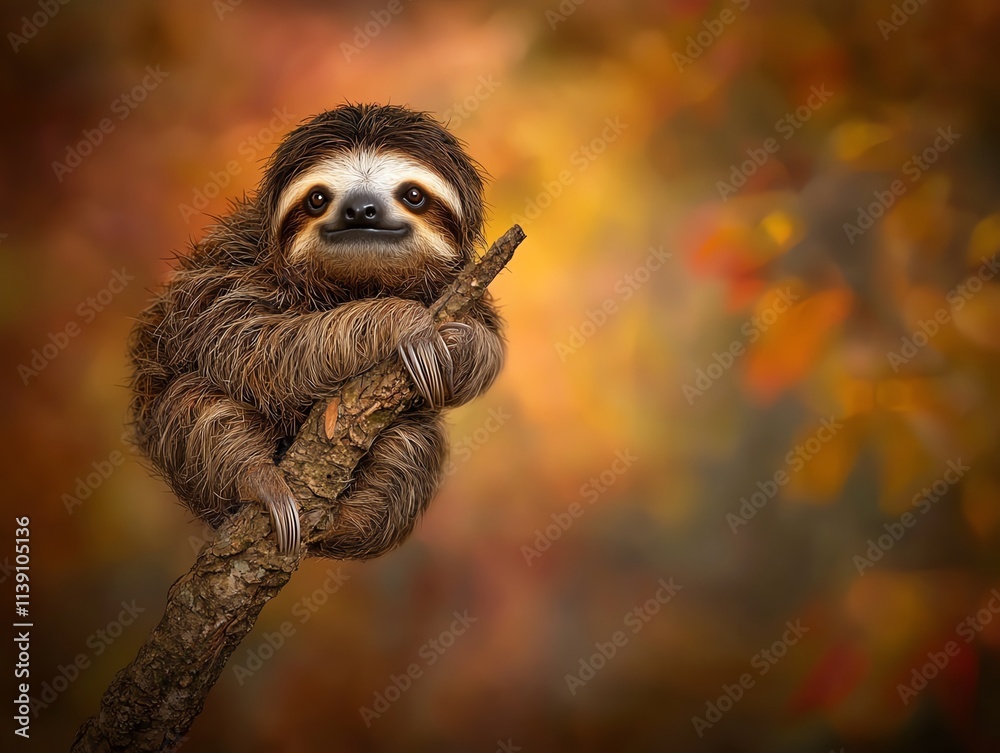 Fototapeta premium Inside the studio, a sloth clinging to a tree branch is arranged against a blurred rainforest background with soft lighting capturing its shaggy fur and slow elegance