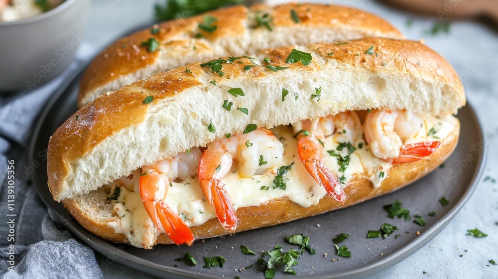 Delicious Shrimp Roll with Creamy Sauce and Fresh Parsley on Soft Bread, Perfect for Seafood Lovers and Culinary Enthusiasts Delicious Shrimp Roll with Creamy Sauce and Fresh Parsley on Soft Bread, Perfect for Seafood Lovers and Culinary Enthusiasts