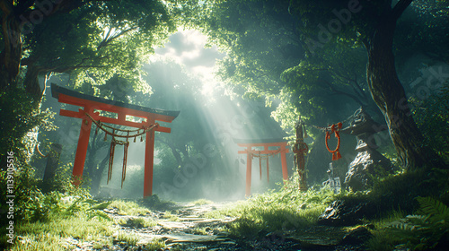 Sunlit Path Through Mystical Japanese Forest Shrine