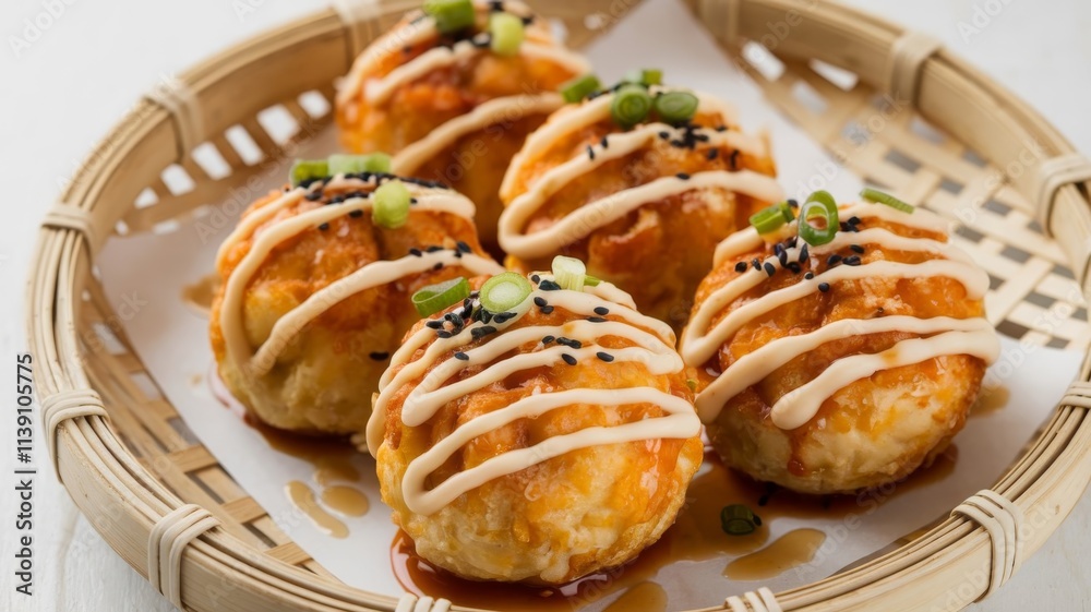 Takoyaki balls, a popular Japanese street food, presented on a white background Takoyaki balls, a popular Japanese street food, presented on a white background