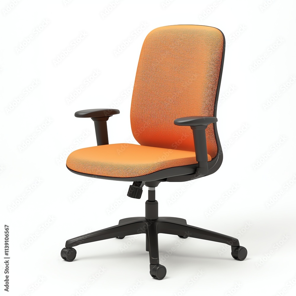 A vibrant orange office chair with a patterned seat and backrest, featuring armrests and a wheeled base for mobility. A vibrant orange office chair with a patterned seat and backrest, featuring armrests and a wheeled base for mobility.